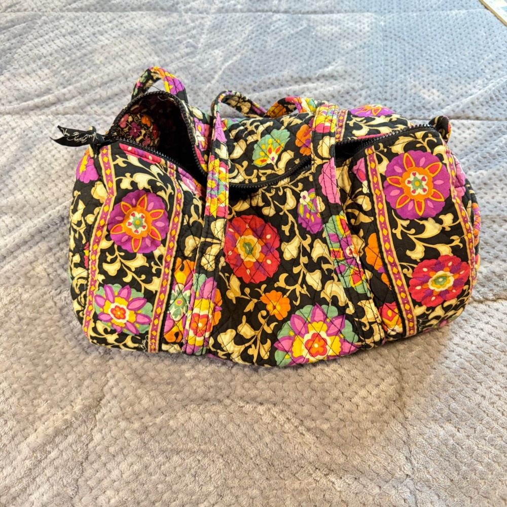 Vera Bradley Night and Day Quilted Floral Small Duffel Bag Black Pink Orange